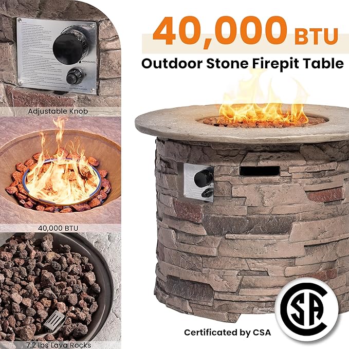HOMPUS Outdoor Propane Fire Table 32-inch Imitation Stone Concrete with Rain Cover and Lava Rocks - Smokeless 40000 BTU for Patio Garden Deck or Backyard