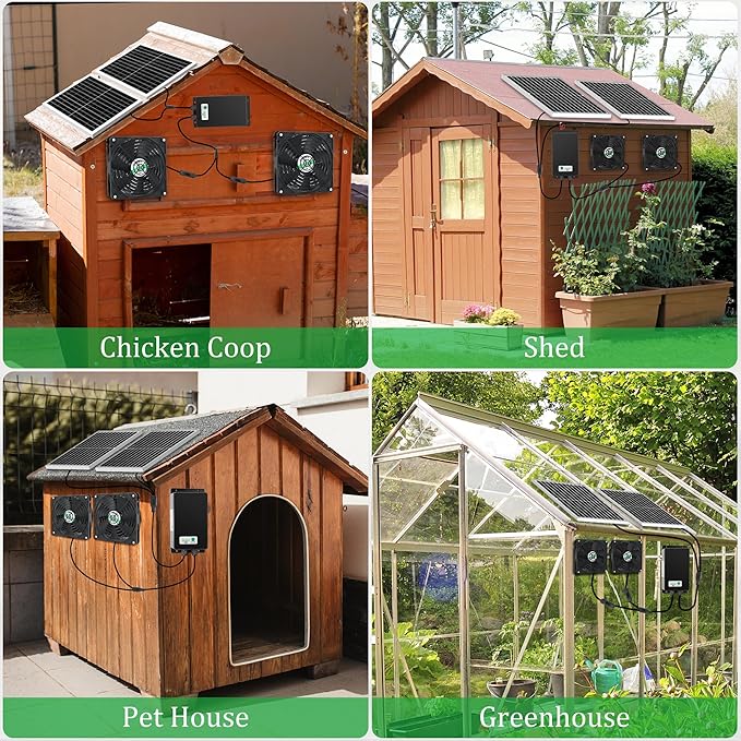 blessny 5.5 Solar Rechargeable 2 Fan Kit for Intake or Exhaust air Weatherproofed 50W Solar Powered Fans for Outside Chicken Coops Greenhouses Shed Pet House Air Ventilation