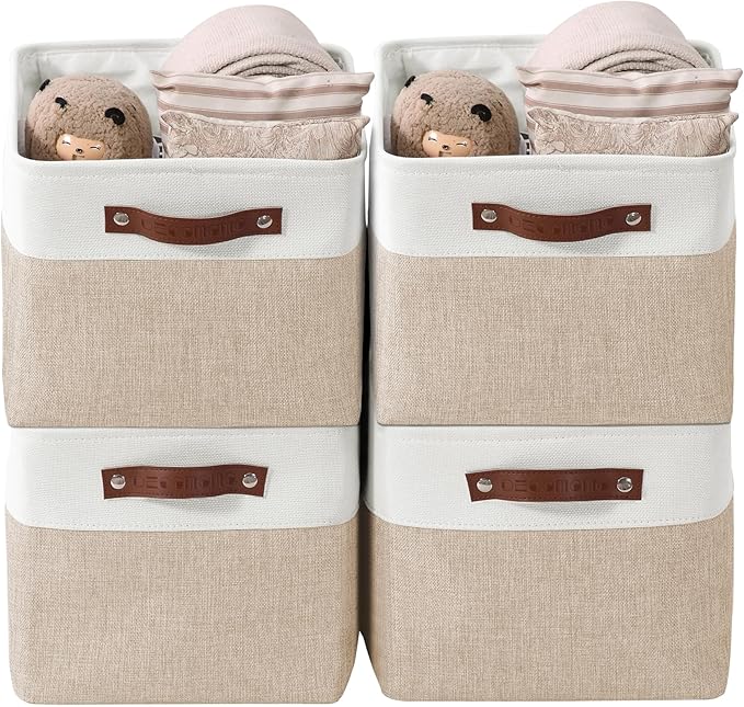 DECOMOMO Storage Baskets for Shelves - Fabric Storage Bins Linen Closet Organizers and Storage (Beige &amp White Large - 4 Pack)