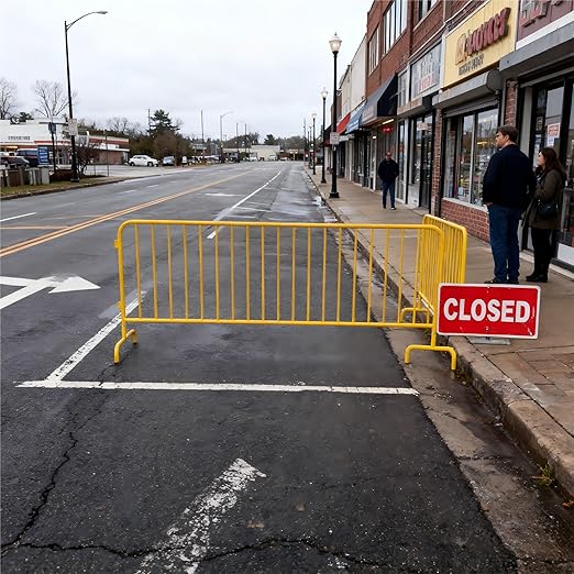 Garvee Interlocking Steel Barricade 5.5 Ft. Heavy Duty Galvanized Metal Barricade Interlocking Steel Road Barriers with with Bridge Feet Base for Crowd Control Event Fencing Indoor/Outdoor Yellow