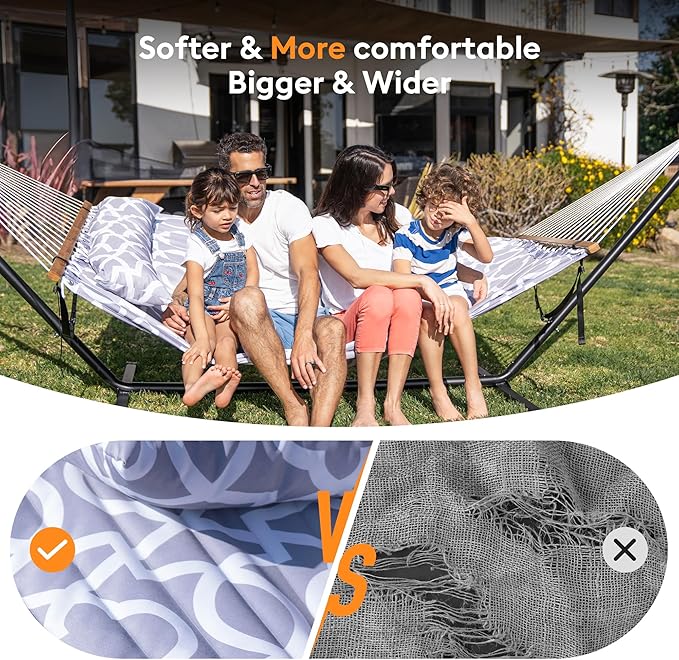 Everyfun Double Hammock with Spreader BarSoft PillowMax Load 500lbsPortable Hammock for OutdoorCampingand BackyardWhite Gray