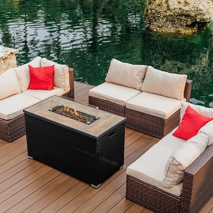 Nestl 43 Inch Fire Pit for Outdoor - 50000 BTU Outdoor Propane Fire Pit Table with Lid Rain Cover &amp Lava Rocks - Patio Fire Pit Table with Tempered Glass for Backyard Gatherings - Black