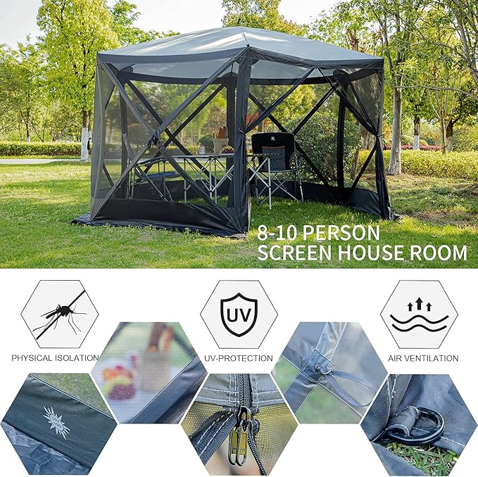 EVER ADVANCED Pop Up Gazebo Screen House Tent for Camping 11.5 ft for 8-10 Person Instant Canopy Shelter with Netting Portable for Outdoor Backyard