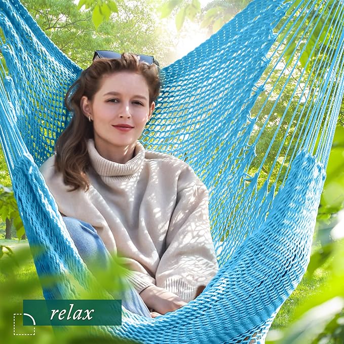 Caribbean Hammock Swing Chair with Spreader Bar Large Hammock Chair Hand Craft Rope Hanging Chair Outdoor Indoor Bedroom 330 LBS Weight Capacity Blue