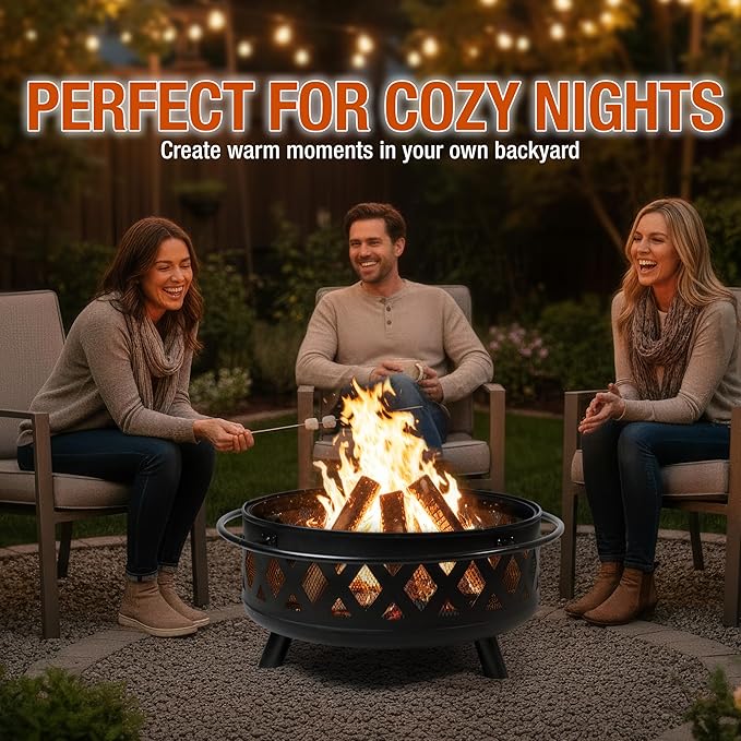 36 Inch Heavy Duty Steel Fire Pit Outdoor Wood Burning Fire Pits with Mesh Spark Screen and Poker for Camping Heating