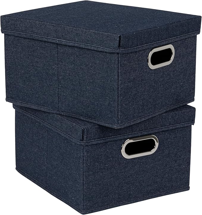 Household Essentials Collapsible Cotton Blend Storage Box with Lid and Metal Grommet Handle Set of 2 Denim