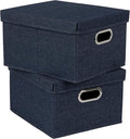 Household Essentials Collapsible Cotton Blend Storage Box with Lid and Metal Grommet Handle Set of 2 Denim