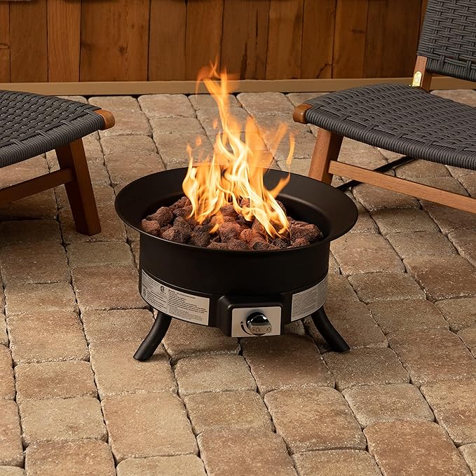 Amazon Basics Portable Propane Fire Pit 19 inch Round Gas for Patio 55000 BTU Carry Strap Heat Warmth and Ambience