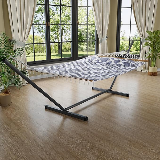 GarveeLife 57 2 Person Outdoor Hammock Widening Design Cotton Hammock with Metal Stand Heavy Duty Construction 450 LBS Weight Capacity Light Grey