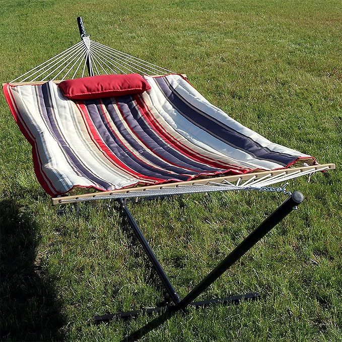Sunnydaze Rope Hammock with Stand for Outside- 275-Pound Capacity - Includes 12-Foot Hammock Stand Spreader Bar Pad and Pillow - Modern Lines