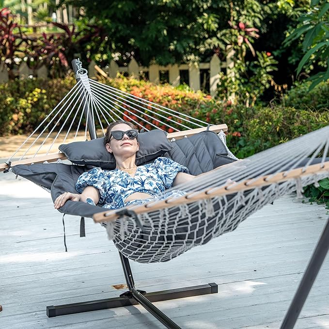 Lazy Daze Hammocks 2 Person Portable Hammock with 12FT Stand Double Hand Woven Cotton Rope Hammock with Detachable Quilted Pad &amp Pillow for Outside 450lb Capacity Grey