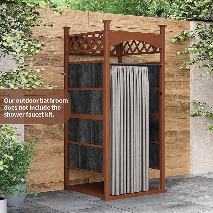 Outdoor Shower Enclosure with Shower Mat &amp Curtain Solid Wood Privacy Outside Shower Stall Outdoor Changing Room for Pool Wash Station Patio or Beach Rinse Station