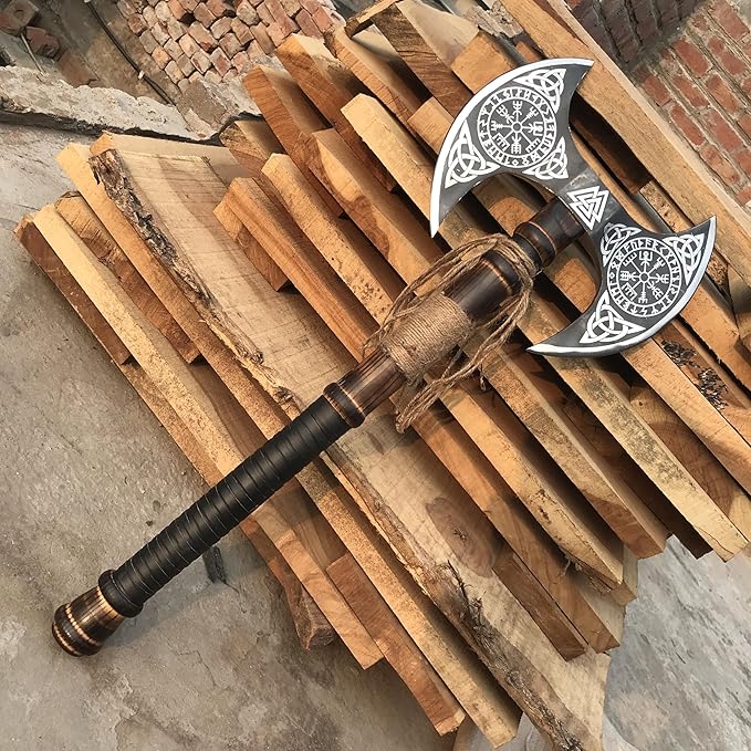 viking tools AxesFunctional Axe Bushcraft Axe Hatchet for Hunting Bearded Axe Double Head Axe Tool with Free Leather Sheath dd007 Black/Sliver (Viking Double Bit Axe)
