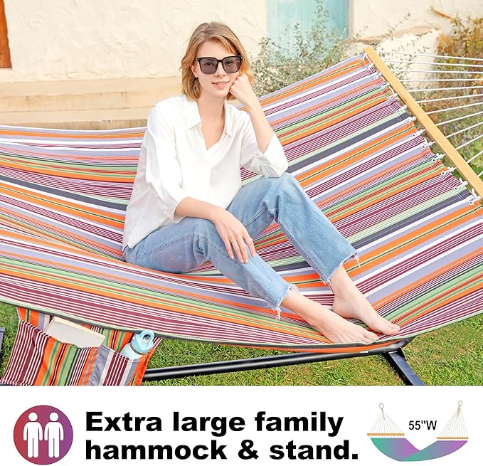 GAFETE 2 Person Hammock with Stand for Outside 12ft Heavy Duty Steel Stand Double Hammocks with Hardwood Spreader Bar Large Removable Pillow Side Pockets Max 475 lbs Capacity (Classic Red)