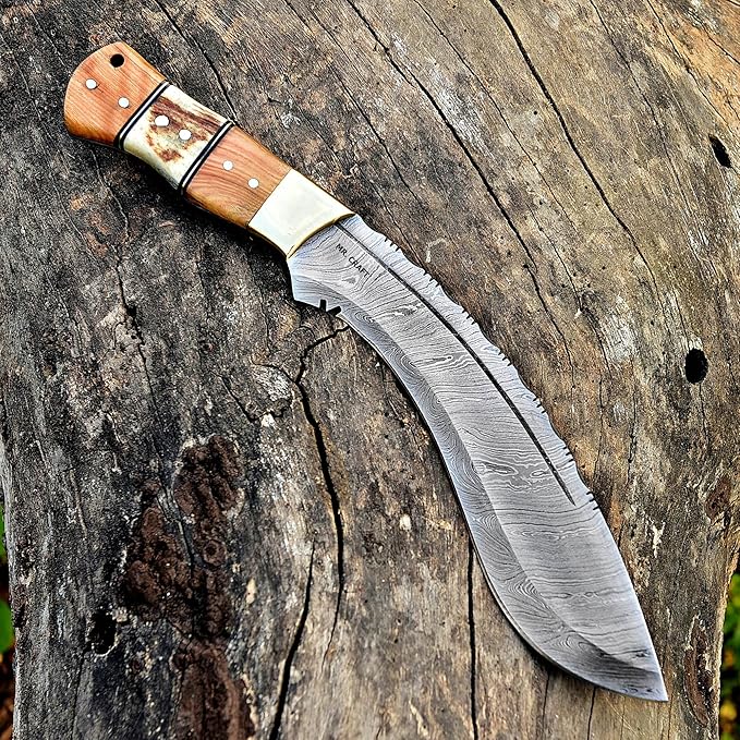 MR. CRAFT Custom Handmade Traditional Kukri Damascus Steel Fixed Blade Knife With Sheath Full Tang Heavy Duty Camping Knives - Gifts for Men (Kow Wood and Stag Horn)