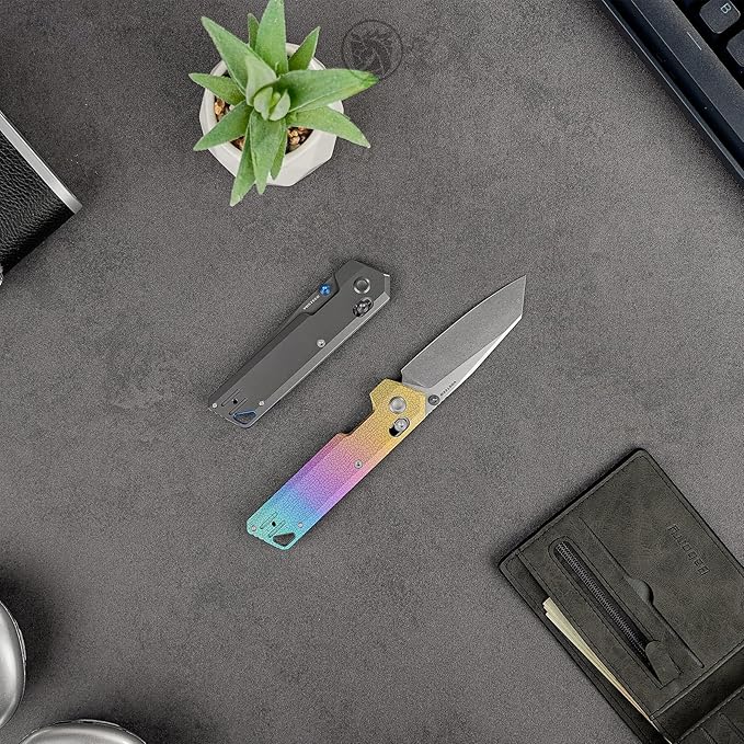 Vosteed Parallel EDC Pocket Knife - 2.90 S35VN Stonewash Blade Reverse Tanto - Crossbar Lock Iridescent Crackle Titanium Handle - Camping Hiking Knives - A3508