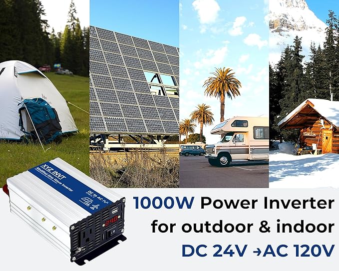 1000W Power Inverter 24V DC to 110V 120V AC Modified Sine Wave Car Power Inverter with 2 AC Outlets and LED Display for Vehicles Truck RV Home Emergency Camping Off-Grid Over 90% Efficiency