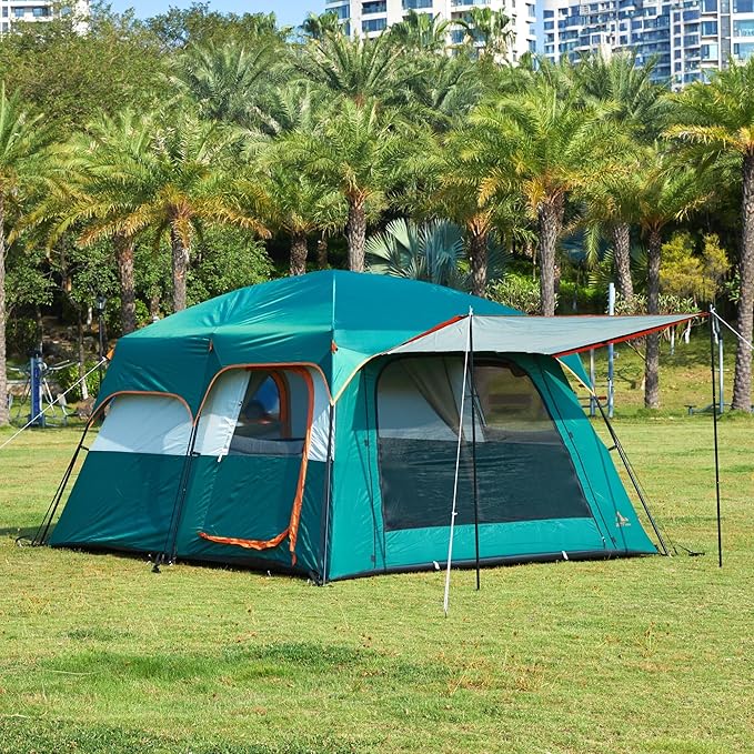 KTT Large Tent 6-8-10-12 PersonFamily Cabin Tents2 Rooms2 Doors and 4 Windows with MeshStraight WallWaterproofDouble LayerBig Tents for OutdoorPicnicCampingFamily Gathering