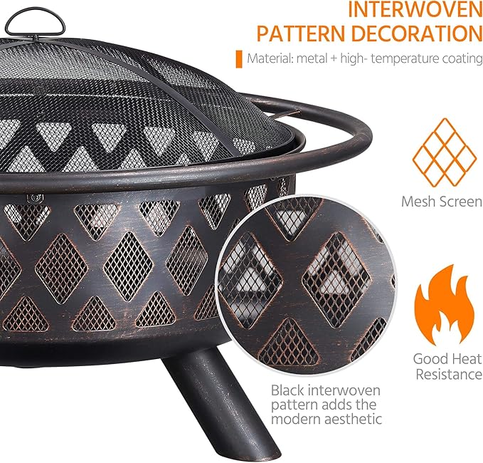 Yaheetech Fire Pit 36in Outdoor Wood Burning Fire Pits Wood Large Fire Bowl for Outside BBQ Bonfire Patio with Mesh Spark Screen Poker and Rain Cover