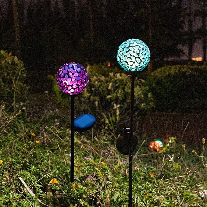 VCUTEKA Solar Garden Decorative Lights Outdoor Mosaic Solar Light Waterproof LED Pathway Stake Light for Landscape Patio Yard Deck Walkway Decoration 2 Pack （Blue&ampPurple）