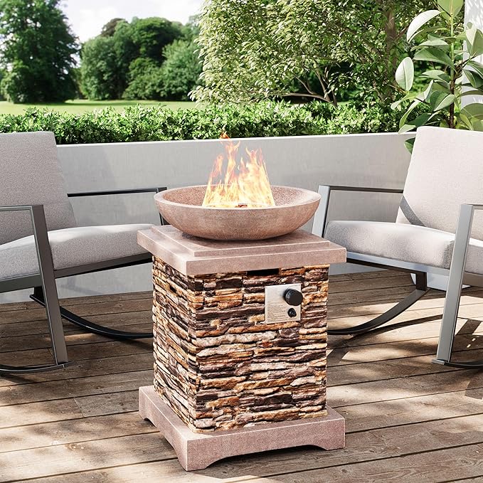 SUNBURY Outdoor Propane Fire Pit Gas Fire Pit for Outside Patio Stone Outdoor Fire Table Fire Column 40000 BTU Propane Fire Tables Firepit Table w Lava Rocks CSA Certified Waterproof Cover