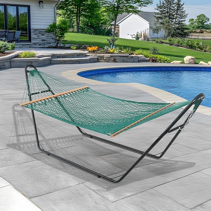 Lazy Daze Hammocks 12FT Double Rope Hammocks 2 Person Hand Woven Cotton Hammock with Spreader Bar for Outside Patio Poolside FIT 13-15 FT Stand Max 450 Lbs Green 141 x 57 inches