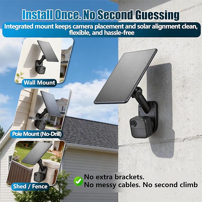 All-in-One 6W Solar Panel for Blink Outdoor 4 (4th Gen) Outdoor 2K+ &amp XT2/XT3 Integrated Wall &amp Pole Mount Waterproof Solar Charger with Built-in Energy Storage (Camera Not Included)
