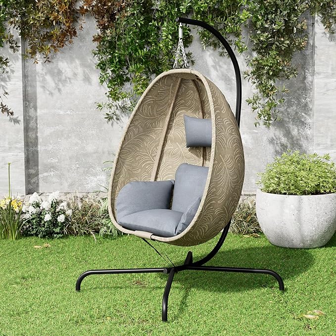 ALAULM Foldable Egg Chair with Stand 485LBS Capacity Textilene Hammock Swing Chair for Outdoor &amp Indoor Hanging Chair with Strong Frame &amp UV Resistant Cushion for Balcony Bedroom Light Gra