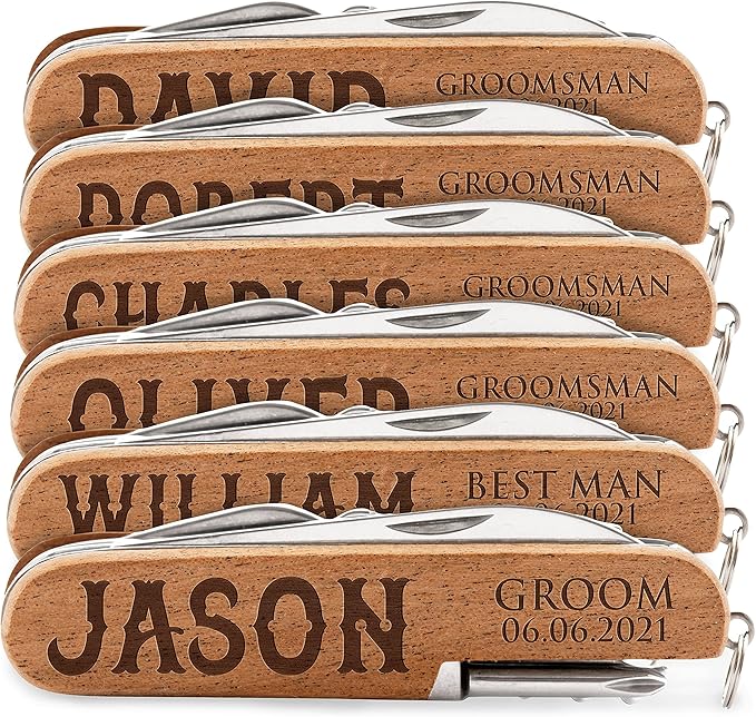 Set of 6 - Personalized Groomsmen Gift for Wedding Custom Multitool Groomsmen Proposal Gift Solid Wood Laser Engraved Multi Tool -Free Engraving