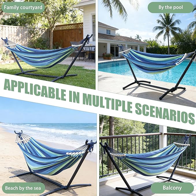 Double Hammock with Freestanding Steel Stand Portable &amp Easy Setup 550lb Capacity Heavy Duty for Patio GardenBackyard Camping Indoor &amp Outdoor - Includes Carry Bag (Blue Stripe)