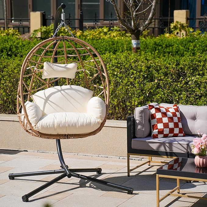 Hanging Egg Chair Swing with Stand Patio Wicker Hanging Chair Webbing &amp PE Rattan Weaving Thickened UV Resistant Cushion &amp Alloy Steel Frame 380lbs Capacity for Patio Bedroom Balcony (YB)