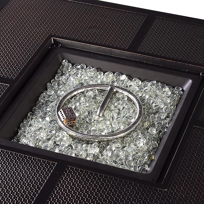 Oakland Living Aluminum 570000 BTU 42 in. Square Propane Black Fire Pit Table with Fire Beads Lid Propane Tank Cover and Table Fabric Covers in Copper FinishAZREGIS-FPT-AC
