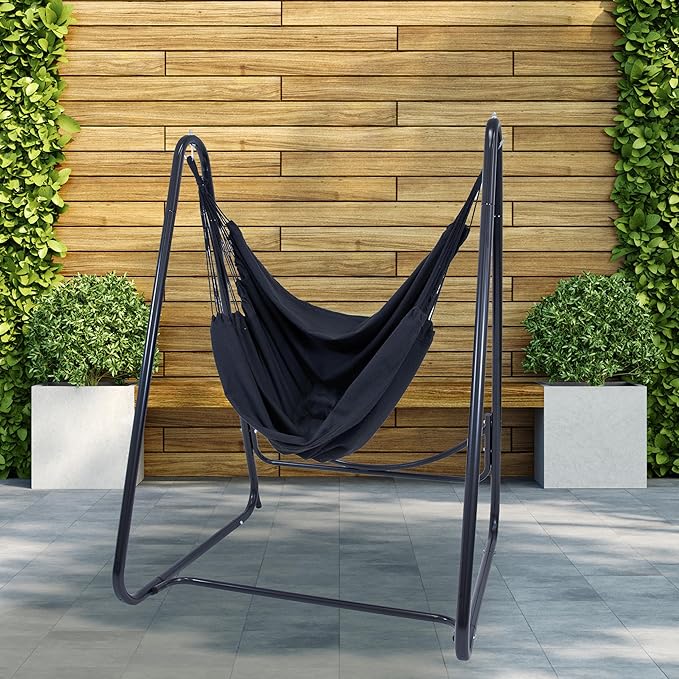 Sunnydaze Patio Hammock Chair with Stand - Hanging Hammock Swing Chair with Stand for Outside - Heavy-Duty Steel - A-Frame - Black