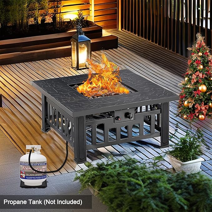 VECELO Propane Fire Pit 30 Inch Outdoor Gas Fire Table 50000 BTU Square Firepit with Lid and Lava Rock Adjustable Flame Steel Fire Table for Outdoor Patio Backyard Party Black