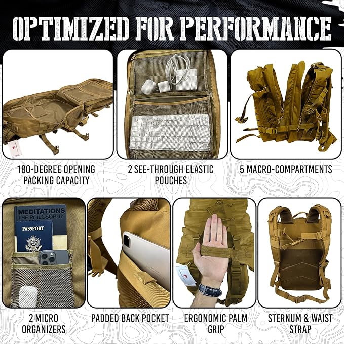 AMERICANPHOENIX 45L Elite Tactical Backpack | 3X Stronger Work &amp Military Backpack | Water Resistant and Heavy Duty | 3 Day MOLLE Bug Out Bag (Dune Brown)