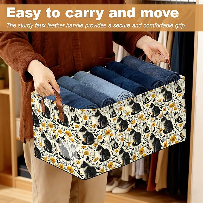 Black Cat Flower Storage Bin with Handles Basket Storage Organizer for Shelves Closet Nursery Book Laundry Hamper &amp Home Decor