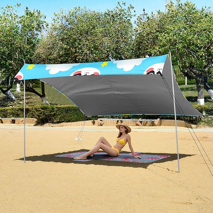 Panda Beach Canopy Sun Shelter with Sandbags &amp Sand Shovel &amp Windproof Ropes - Portable 110x126 Beach Shade Beach Tent for Camping Picnics