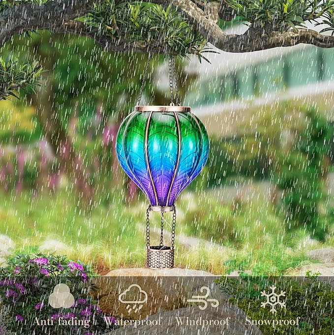 TERESA'S COLLECTIONS 2 Pack Hanging Solar Lantern Outdoor Garden Decor for Valentine Waterproof Plastic Hot Air Balloon Green Flickering Flame Effect Lantern for Yard Tree 18