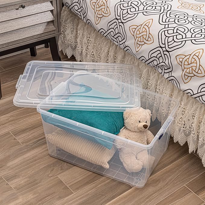 Superio 44 Qt Clear Plastic Storage Bin with Lid and Wheels Non-Toxic BPA Free Odor Free Organizer Storage Box Stackable Plastic Tote for Home Garage Closet
