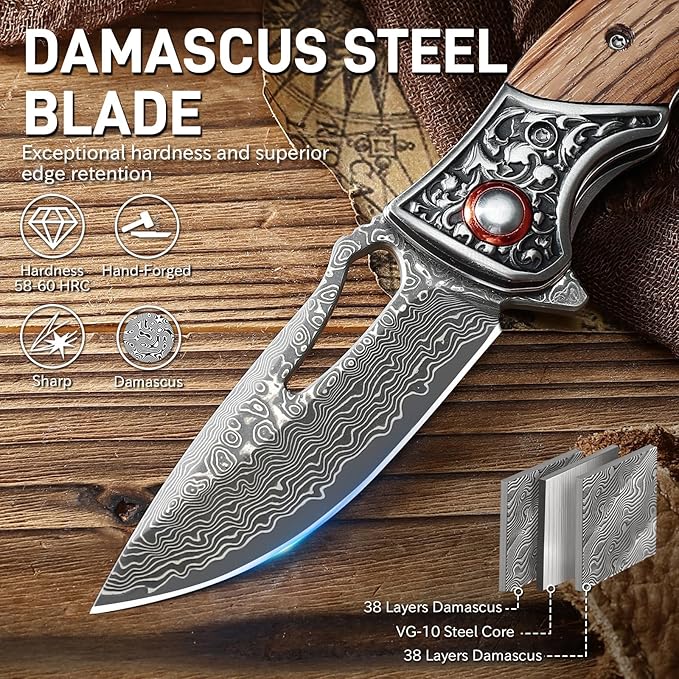 Damascus Pocket Knife with Wooden Handle Sharp 3.54 Damascus Steel Blade Folding Knives for EDC Outdoor Camping Hiking Collection