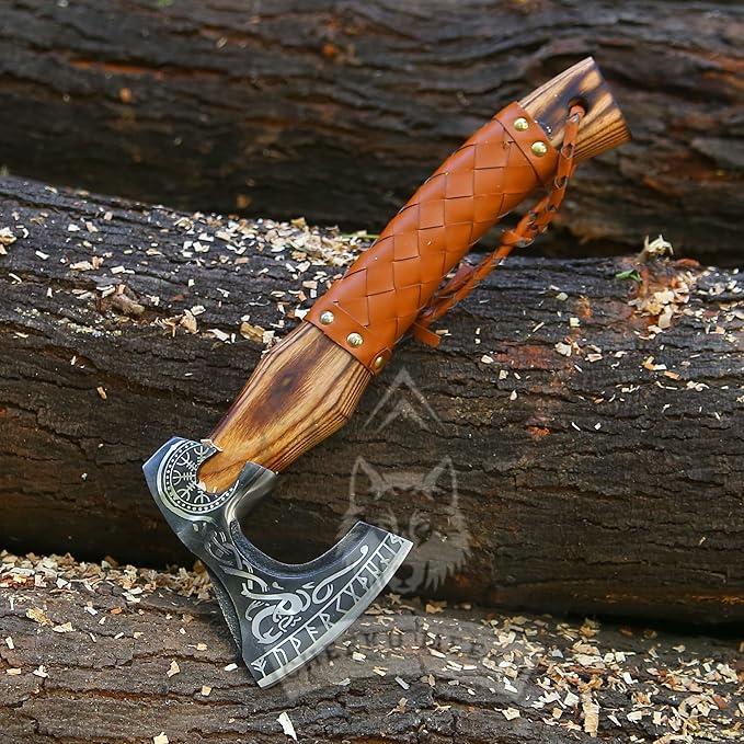 Custom Handmade Carbon Steel Real Viking Axe HatchetCamping Axe Birthday Gift for him Leather Wrapped Handle and Leather Sheath ((FM 20))