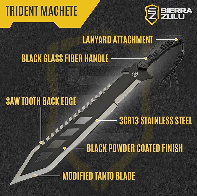 Sierra Zulu Trident Machete - Stainless Steel 24.0 inches Overall Modified Tanto Blade with Saw Tooth Back Edge - Tactical Nylon Sheath with Reversible Wear Strap