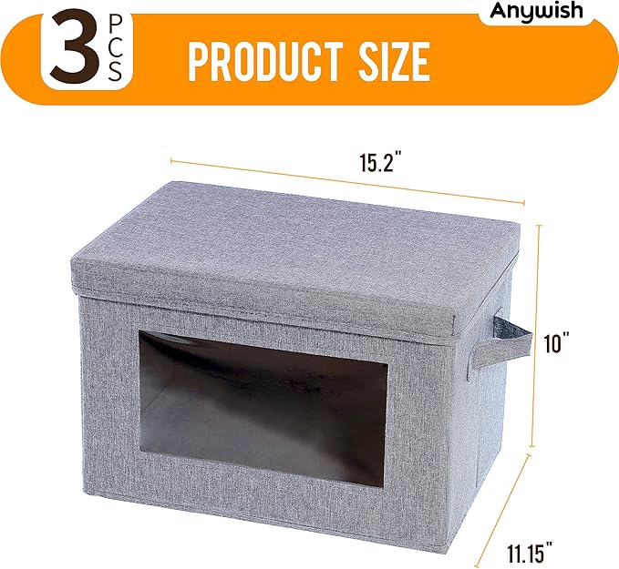3-Pack Collapsible Storage Bins with Lids Linen Fabric Foldable Storage Boxes Cube Closet Organization for Clothes Blankets Books Gray