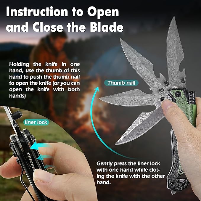 Father's Day Mother’s Day Birthday Gift for Him/Her: ALBATROSS 7-in-One Multi-Tool Pocket Knife for Men Women with LED Flashlight Fire Starter &amp Glass Breaker 3.5 Damascus Folding Survival Kn