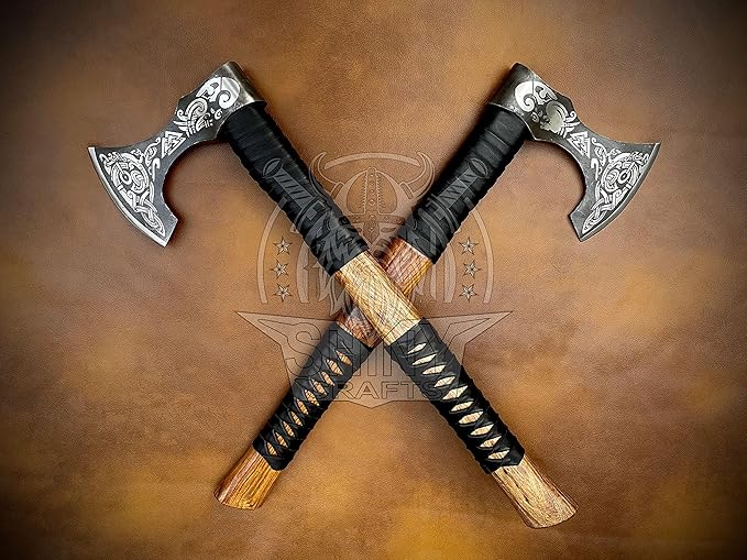 SHINY CRAFTS® Norse Viking Axe with Leather Sheath – Hand-Forged Bearded Hatchet Tomahawk Axe for Camping Survival Woodcutting Unique Gift for Him Husband Dad Groomsmen (Black-SCA-17)