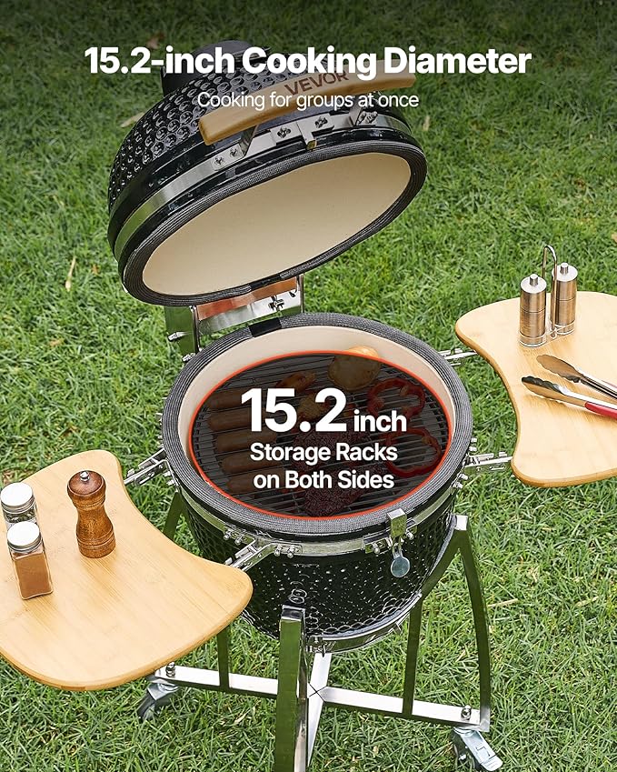 VEVOR Charcoal Smoker and Grill 18 Kamado Charcoal BBQ Smoker Movable Ceramic Barbecue Grill with 4 Wheels (2 Lockable) Built-in Thermometer Air Vents &amp Side Shelf for Outdoor Patio Yard Cook