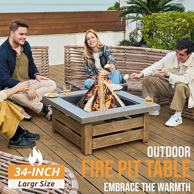 WILDMOS Firepits for OutsideWood Burning Fire Pit with Wood-Grain Side PanelsFirepit for Outside with Mesh Cover &amp Fire PokerSquare Modern Outdoor Fireplace Fire Table. (Countryside)