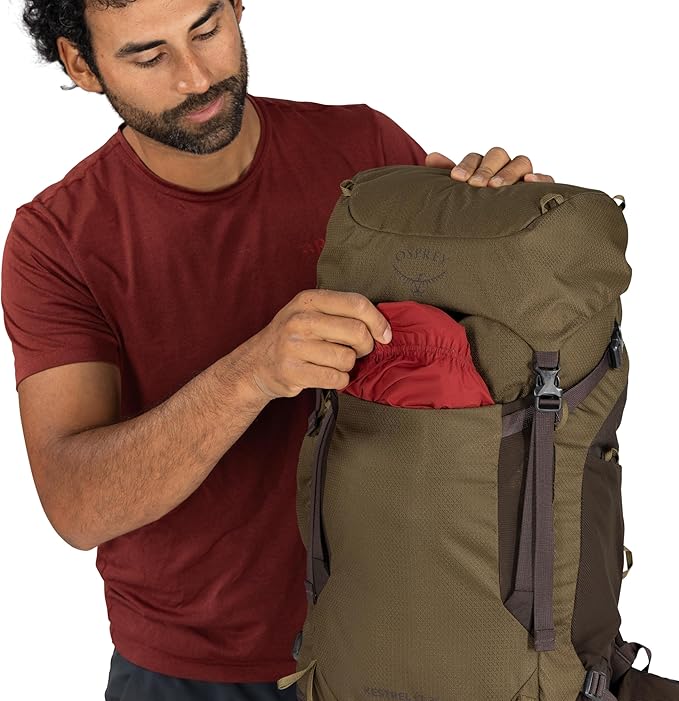 Osprey Kestrel LT 35L Men's Backpacking Backpack - Lightweight Hiking &amp Camping Bag with Waterproof Raincover Olive Tan
