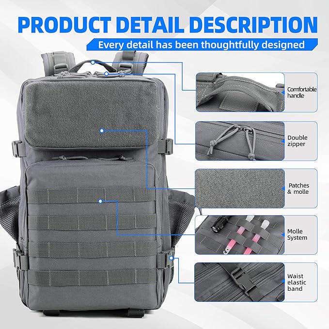gracedon Tactical Backpack for Men 3 Day Rucksacks for Trekking Camping (grey)