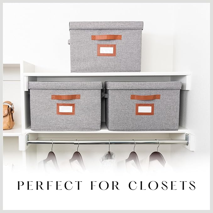 3 Pack Large Fabric Storage Boxes with Lids (15.75 x 11.25 x 11.25) - Decorative Bin with Lid Label Holder Faux Leather Handles - Large Storage Boxes for Organizing Clothes Blankets - Grey